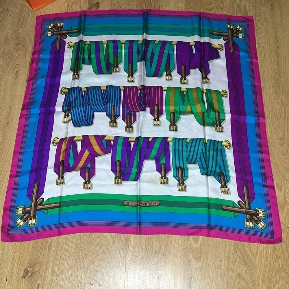 Hermes Vintage J. Metz 90cm 33” J. Les Sangles 100% Silk Scarf w/Bag